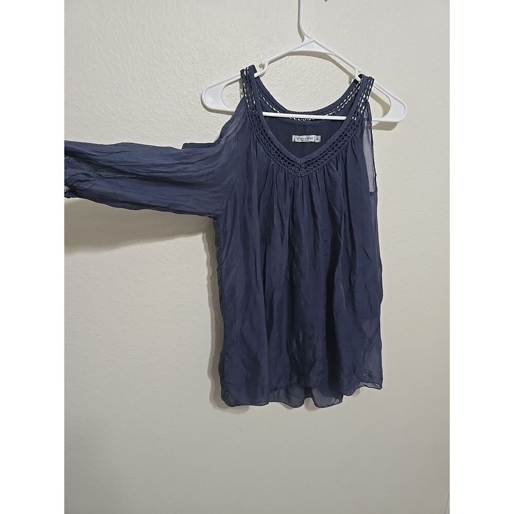 Elena Baldi Women's Cold shoulder Blouse 3/4 sleeve size S,  navy,‎  silk.